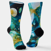 Blue Green Gold Alcohol Ink Cosmos Sokken (Gebogen)