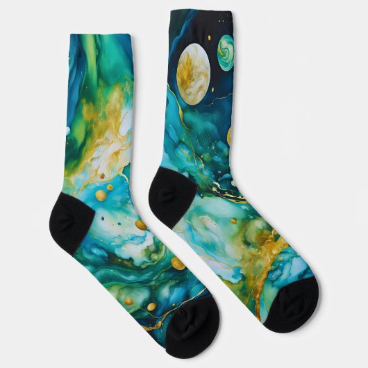 Blue Green Gold Alcohol Ink Cosmos Sokken (Rechts)