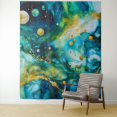 Blue Green Gold Alcohol Ink Cosmos Wandkleed (In situ)