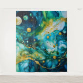 Blue Green Gold Alcohol Ink Cosmos Wandkleed (Voorkant)