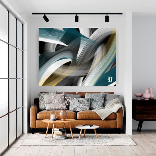Blue Green Gold Black White Gray Abstract Canvas Afdruk