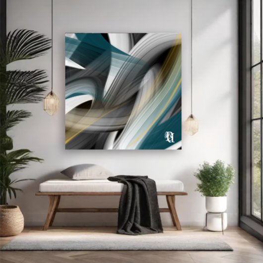 Blue Green Gold Black White Gray Abstract Canvas Afdruk