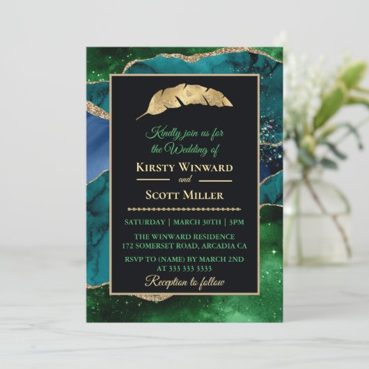 Blue Green Gold Glitter Agate Wedding Kaart (Staand voorkant)