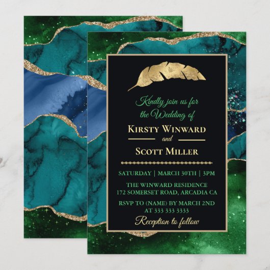Blue Green Gold Glitter Agate Wedding Kaart (Voorkant / Achterkant)