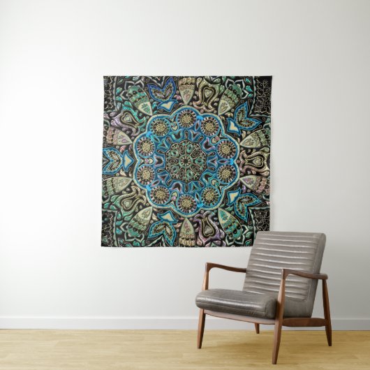 Blue Green Gold Mandala Wall Tapestry Wandkleed (In Situ (horizontaal))