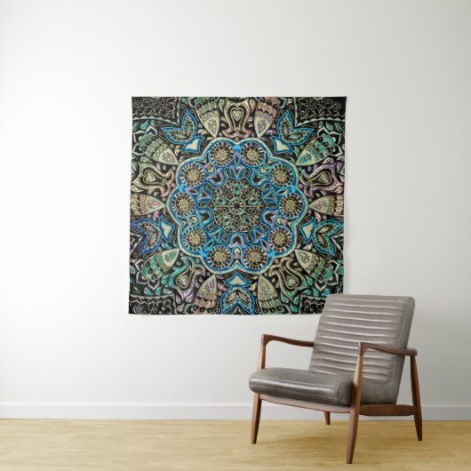 Blue Green Gold Mandala Wall Tapestry Wandkleed (In situ)