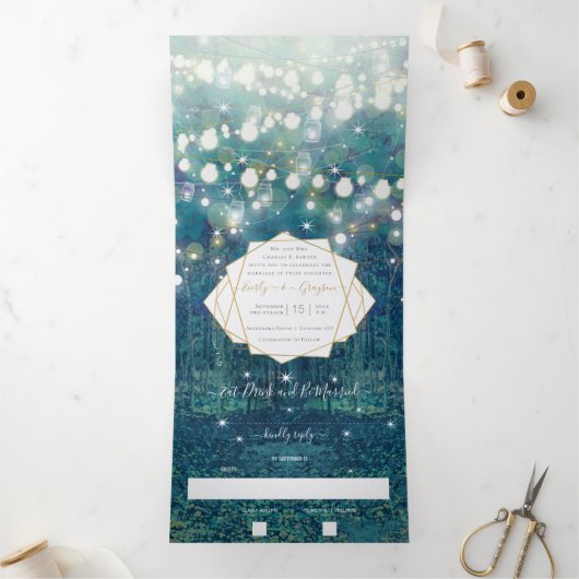 Blue Green Gold Rustic Chic Forest Wedding Drieluik Uitnodiging (Binnen)