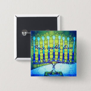 Blue Green Hanukkah Menorah Peace Sparkle Shine Vierkante Button 5,1 Cm