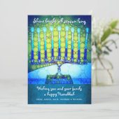 Blue Green Hanukkah Menorah Shine Bright Script Feestdagenkaart (Staand voorkant)