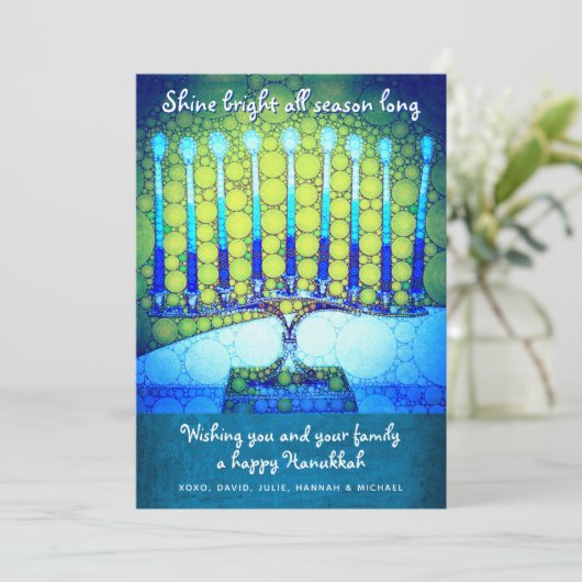 Blue Green Hanukkah Menorah Shine Bright Script Feestdagenkaart (Staand voorkant)
