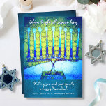 Blue Green Hanukkah Menorah Shine Bright Script Feestdagenkaart<br><div class="desc">"Het hele seizoen helder schitteren." Een close-upfoto illustratie van een heldere, kleurrijke, blauwe artsy menorah helpt je om mee te doen aan de vakantie van Hanukkah. Voel de warmte en de vreugde van het vakantieseizoen als je dit prachtige, kleurrijke Hanukkah platte wenskaart stuurt. De bijbehorende enveloppen, de stickers, de canvas...</div>