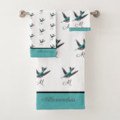 Blue Green Hummingbird waterverf Monogram initiaal Bad Handdoek (Insitu)