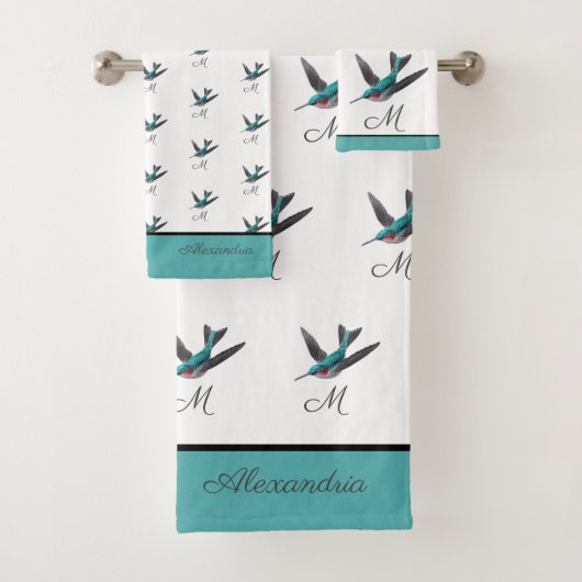 Blue Green Hummingbird waterverf Monogram initiaal Bad Handdoek (Insitu)