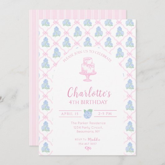 Blue Green Hydrangea Pink Bow Trellis Kaart (Voorkant / Achterkant)