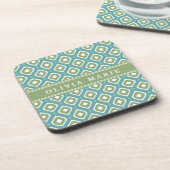 Blue Green Ikat Mod Pattern met naam Drankjes Onderzetter (Linkerzijde)