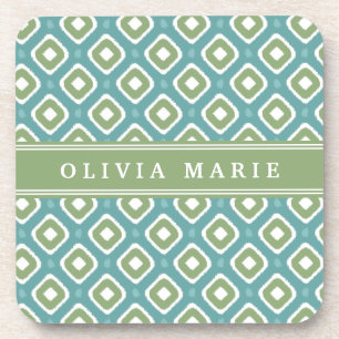 Blue Green Ikat Mod Pattern met naam Drankjes Onderzetter