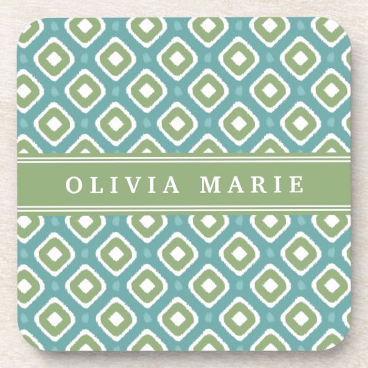 Blue Green Ikat Mod Pattern met naam Drankjes Onderzetter (Voorkant)