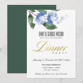 BLUE GREEN INK WATERVERF FLORAL DINNER PARTY KAART (Voorkant / Achterkant)