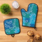 Blue Green Ivy Leaf Watercolor Ovenwant & Pannenlap Set (Top down)