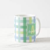 Blue Green Limoen Pastel Modern Gingham Monogram Koffiemok (Voorkant rechts)