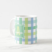 Blue Green Limoen Pastel Modern Gingham Monogram Koffiemok (Voorkant links)