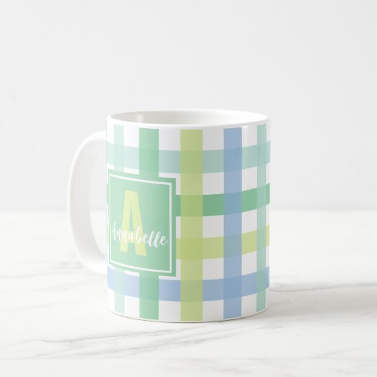 Blue Green Limoen Pastel Modern Gingham Monogram Koffiemok (Voorkant links)