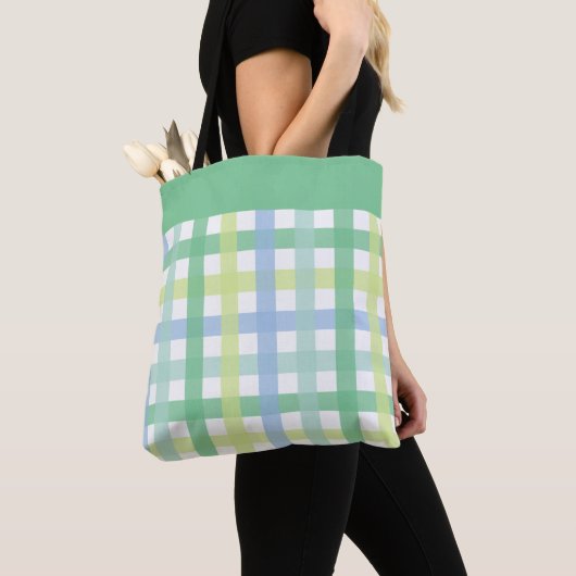 Blue Green Limoen Pastel Modern Gingham Pattern Tote Bag (Dichtbij)