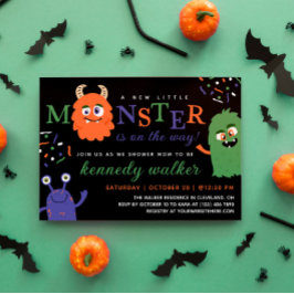Blue Green Little Monster Halloween Baby shower Kaart