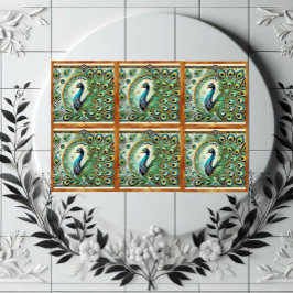 Blue Green Majestic Peacock Golden Feathers Motif Tegeltje