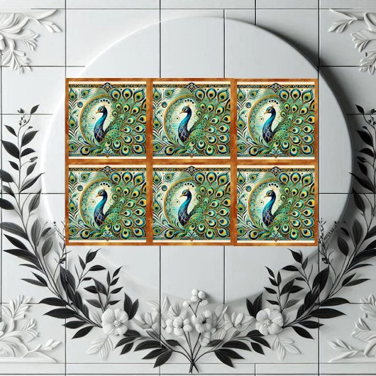 Blue Green Majestic Peacock Golden Feathers Motif  Tegeltje