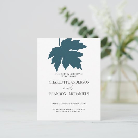 Blue Green Maple Leaf Wedding Invitation Briefkaart (Staand voorkant)