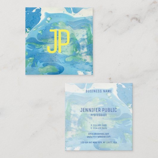 Blue Green Modern Abstract Monogram Sjabloon Vierkante Visitekaartje (Voorkant / Achterkant)