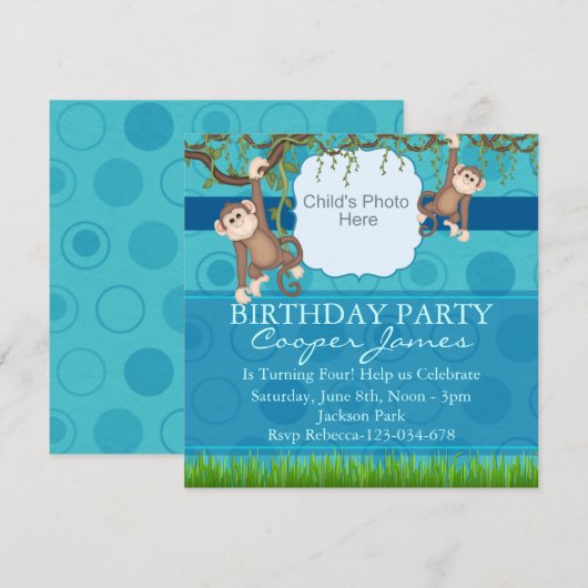 Blue & Green Monkey Fun Foto Verjaardag Uitnodigen Kaart (Voorkant / Achterkant)
