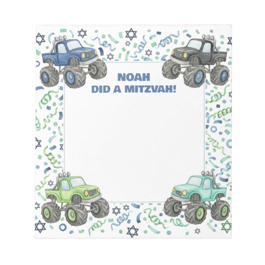 Blue Green Monster Truck gepersonaliseerde mitswa Notitieblok (Voorkant)