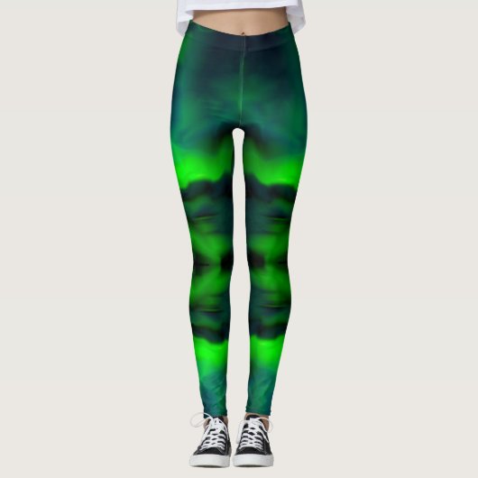 Blue Green Northern Lights Abstract Art Patroon Leggings (Voorkant)