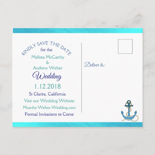 Blue Green Oceanic Anchor Save the Date Briefkaart (Achterkant)
