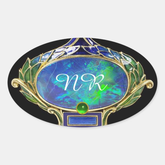 BLUE GREEN OPAL, ART NOUVEAU GOLD JEWEL MONOGRAM OVALE STICKER (Voorkant)
