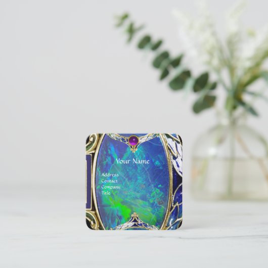 BLUE GREEN OPAL, ART NOUVEAU GOLD JEWEL MONOGRAM VIERKANTE VISITEKAARTJE (Staand voorkant)