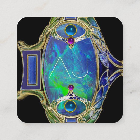 BLUE GREEN OPAL, ART NOUVEAU GOLD JEWEL MONOGRAM VIERKANTE VISITEKAARTJE (Achterkant)