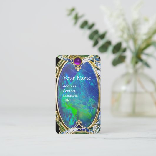 BLUE GREEN OPAL, ART NOUVEAU GOLD JEWEL MONOGRAM VISITEKAARTJE (Staand voorkant)