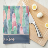 Blue Green Peach Waterverf Cacti Pattern Theedoek (Quarter Fold)