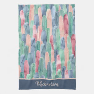 Blue Green Peach Waterverf Cacti Pattern Theedoek