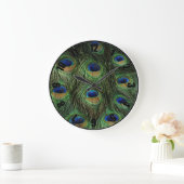 Blue Green Peacock Feather Gepersonaliseerd fotokl Grote Klok (Huis)
