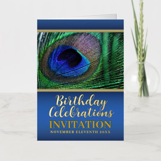 Blue Green Peacock Feather Special Event Birthday Folie Feestdagenkaart (Voorkant)
