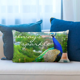 Blue Green Peacock Photo Always Sparkle Script Kussen