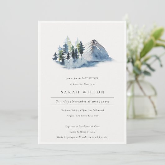 Blue Green Pine Bossen Mountain Baby shower Invite Bedankkaart (Staand voorkant)