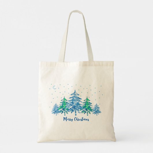 Blue Green Pine Trees Winter Merry KerstTas Tote Bag (Achterkant)