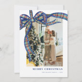 Blue Green Plaid Bow Kerstfoto Vakantie Kaart (Voorkant)
