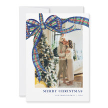 Blue Green Plaid Bow Kerstfoto Vakantie Kaart