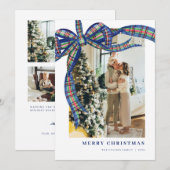 Blue Green Plaid Bow Kerstfoto Vakantie Kaart (Voorkant / Achterkant)